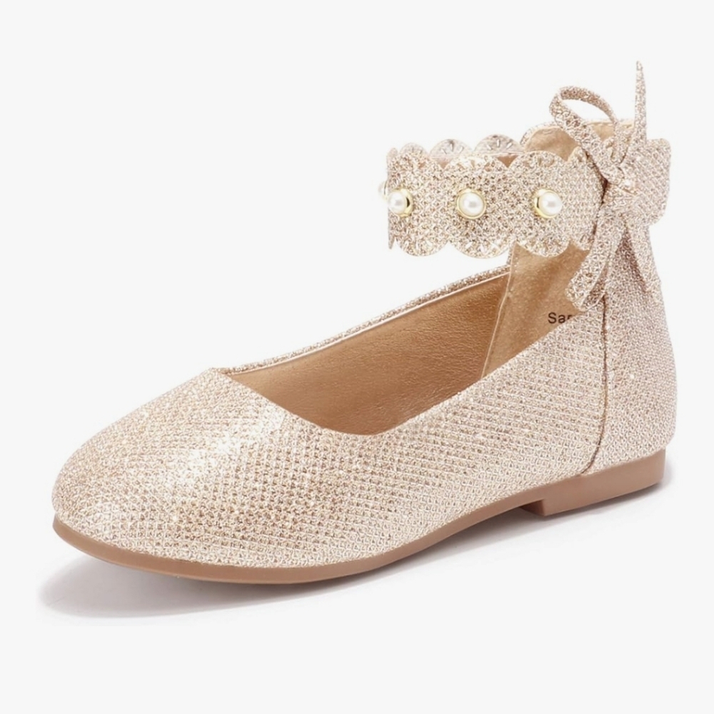 PANDANINJIA Girls Dress Shoes Pearl Mary Jane Ballet Flats ~ Gold Glitter